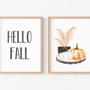 Hello Fall Printable Set of 2, Autumn Quotes Print, Fall Printables , Neutral Fall Prints, Fall Quotes Printable, Fall Decor, Pumpkin Decor image 1