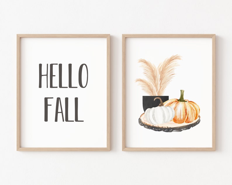 Hello Fall Printable Set of 2, Autumn Quotes Print, Fall Printables , Neutral Fall Prints, Fall Quotes Printable, Fall Decor, Pumpkin Decor image 1