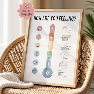 Puede incluir: Un cartel enmarcado con la pregunta "HOW ARE YOU FEELING?" y una escala emocional codificada por colores. La escala va de triste a enfadado, con expresiones faciales y sugerencias. Una pegatina de descarga digital est&aacute; en la esquina superior izquierda.