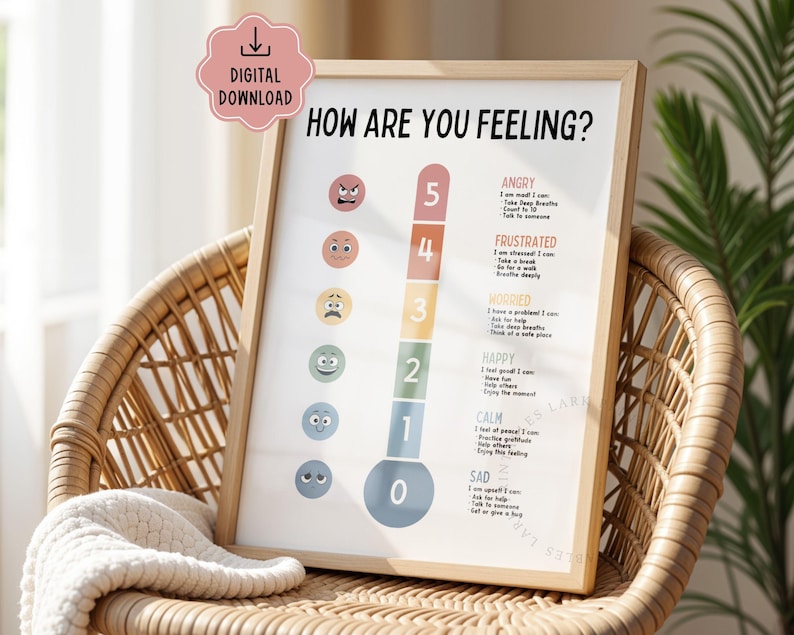 Puede incluir: Un cartel enmarcado con la pregunta "HOW ARE YOU FEELING?" y una escala emocional codificada por colores. La escala va de triste a enfadado, con expresiones faciales y sugerencias. Una pegatina de descarga digital est&aacute; en la esquina superior izquierda.