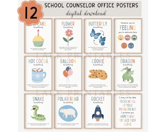 School Counselor Office Printable Posters, Mindful Breathing Cards for kids, Calm Down Corner, Emotional Regulation Station Classroom Poster