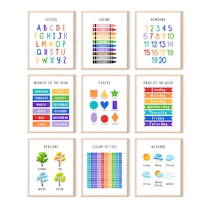 Set von 9 Alphabet-Plakate, Kindergarten-Klassenzimmer-Drucke, Lernmittel-Wandkunst, Schulposter, Kindergarten-Klassenzimmer-Drucke zum selbst ausdrucken