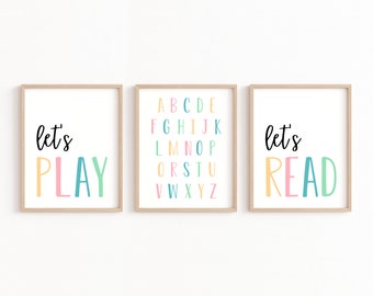 Set of 3 Playroom Prints, Let's Play Printable, Let's Read Print, Alphabet Poster, Classroom Posters, Pastel Playroom, Let's Play Print