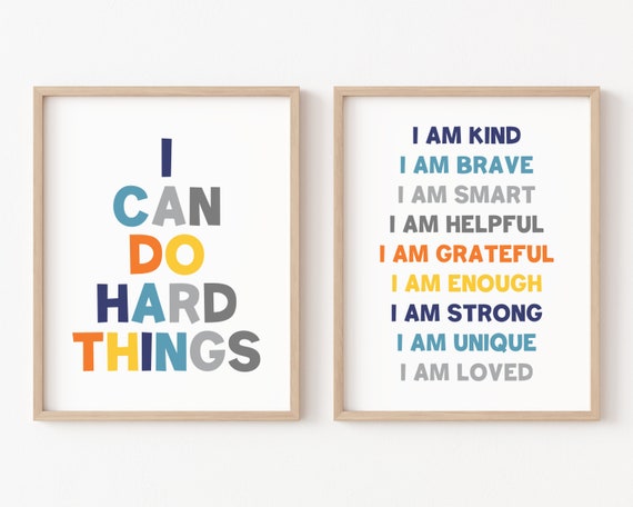 Boys Room Wall Prints, Set of 2 Playroom Prints, Affirmations for Kids, Kids Motivational Wall Art, Boys Affirmations Prints Blue and Orange
