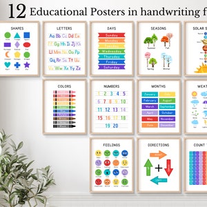 Lernposter im Set, Montessori Klassenzimmer Dekor Homeschool Print Regenbogen Handschrift Alphabet Chart, ABC Poster Kleinkindzimmer Dekor