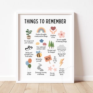 K&ouml;nnte beinhalten: Ein farbenfroher druckbarer Poster mit dem Text "Dinge, an die man sich erinnern sollte" und einer Liste positiver Affirmationen. Der Poster zeigt Illustrationen von Herzen, Regenb&ouml;gen, Bienen, Wolken und Sternen.