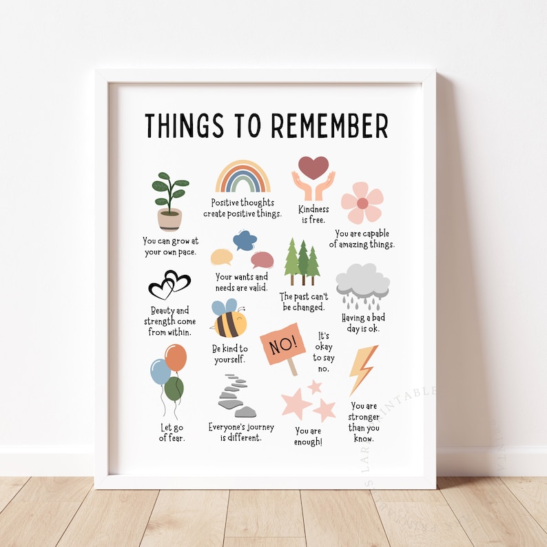 K&ouml;nnte beinhalten: Ein farbenfroher druckbarer Poster mit dem Text "Dinge, an die man sich erinnern sollte" und einer Liste positiver Affirmationen. Der Poster zeigt Illustrationen von Herzen, Regenb&ouml;gen, Bienen, Wolken und Sternen.