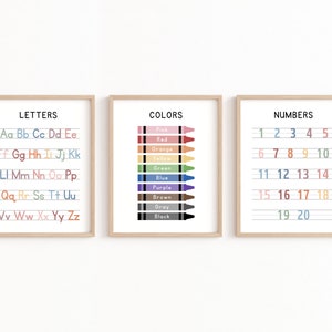 Set von 3 Lernpostern, Alphabet-Diagramm, 123-Zahlen-Diagramm, Farben, Montessori Homeschool PreK Kindergarten Klassenzimmer Printable Decor