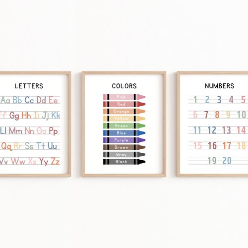 Set of 3 Educational Posters, Alphabet Chart, 123 Number Chart, Colors, Montessori Homeschool PreK Kindergarten Classroom Printable Decor