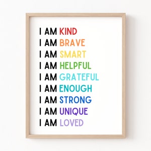 Affirmations for Kids, Classroom Posters, I Am Affirmations, Playroom Poster, Affirmations Poster, Homeschool Decor, I Am Kind Smart Loved