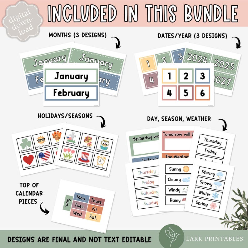 May include: A printable set of classroom calendar cards featuring months, days of the week, dates, holidays, seasons, and weather. The cards are designed with a colourful, modern aesthetic and include illustrations.