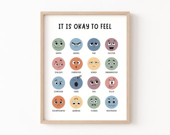 It's Okay to Feel, Boho Classroom Decor, Feelings Chart Poster, My Feelings Printable, Classroom Posters, Emotions Print, Homeschool Decor