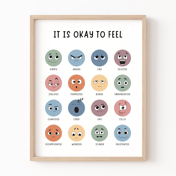 It's Okay to Feel, Boho Classroom Decor, Feelings Chart Poster, My Feelings Printable, Classroom Posters, Emotions Print, Homeschool Decor
