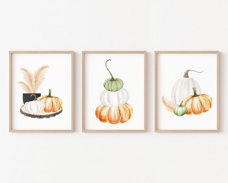 Set of 3 Watercolor Pumpkin Printable, Fall Wall Decor, Autumn Decor, Pumpkin Wall Printable, Thanksgiving Decor, Fall Printable Set of 3 image 1