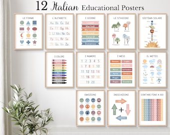12 poster educativi italiani, imparare l'italiano, poster di classe italiana, stampabili homeschool, poster alfabeto lezioni di italiano, bilingue