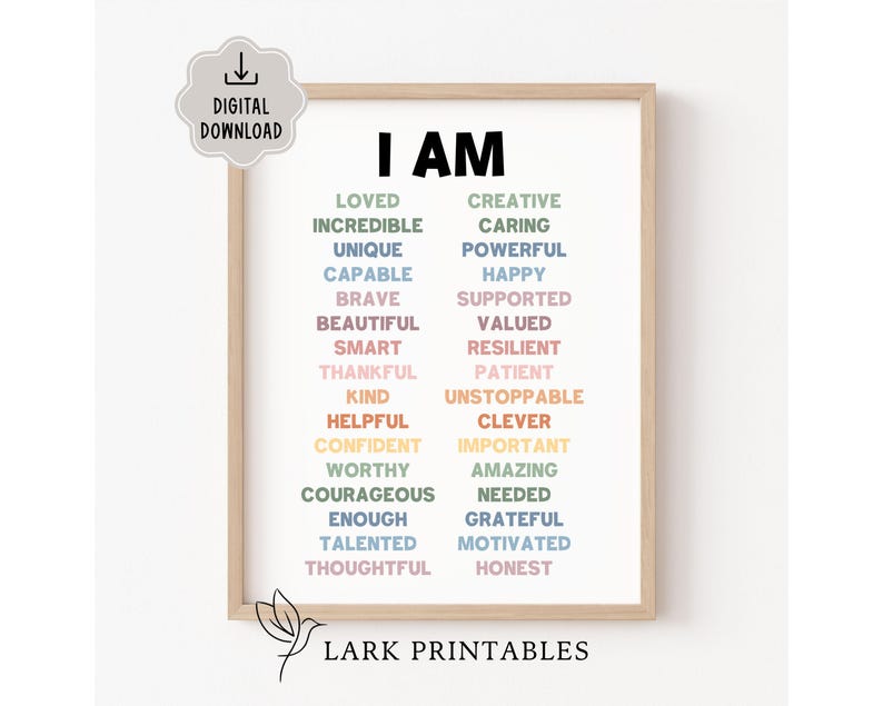 May include: A printable poster with the words "I AM" in large black letters at the top. The poster features a list of positive affirmations in different colors, including loved, incredible, unique, capable, brave, beautiful, smart, thankful, kind, helpful, confident, worthy, courageous, enough, talented, thoughtful, creative, caring, powerful, happy, supported, valued, resilient, patient, unstoppable, clever, important, amazing, needed, grateful, motivated, and honest.