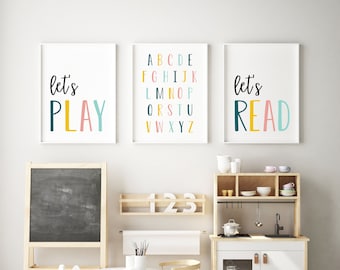 Lets Play Printable Set of 3, Classroom Posters, Let's Play Set, Read Poster, Alphabet Poster Printable, Let's Read, Lets Play Sign