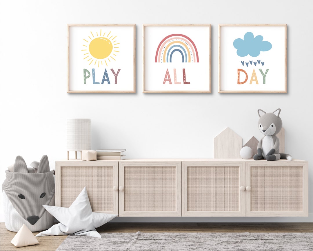 Set of 3 Playroom Prints, Play All Day, Square Prints, Nursery Wall Art ...