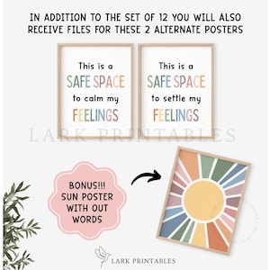 May include: Two framed posters with text: "This is a SAFE SPACE to calm my FEELINGS" and "This is a SAFE SPACE to settle my FEELINGS." A bonus sun poster is also included. The posters have a light wood frame.