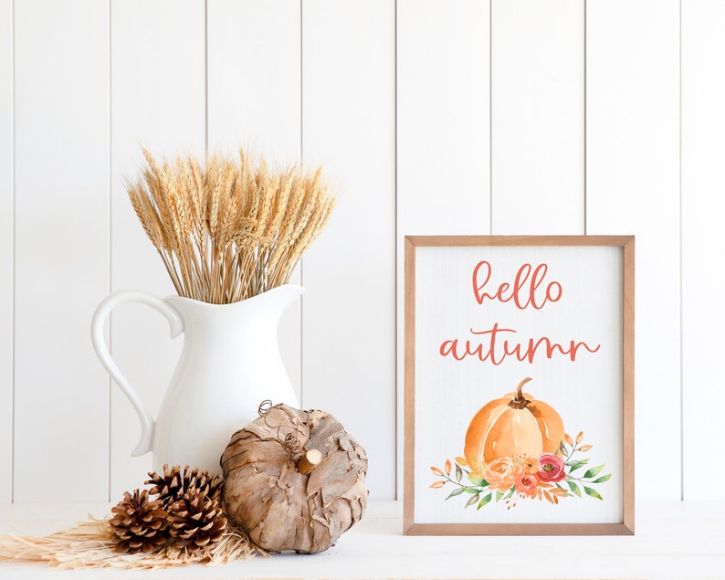 Hello Autumn Printable, Fall Wall Decor, Autumn Quotes Print, Autumn Wall Art, Pumpkin Printable, Autumn Printable, Fall Decorations, Pink image 1