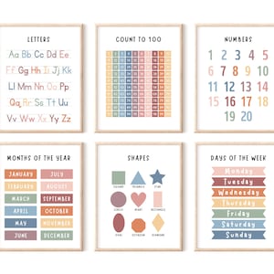Set of 6 Educational Wall Art, Classroom Posters, Homeschool Printables, Educational Poster, Alphabet Poster, Kids Wall Art, Playroom Poster