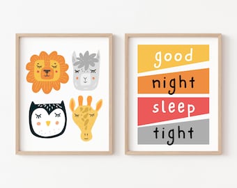 Good Night Sleep Tight Nursery Wall Art Printable, Colorful Playroom Wall Art, Nursery Animal Print, Giraffe Print, Playroom Animal Print