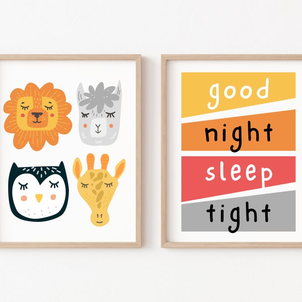 Good Night Sleep Tight Nursery Wall Art Printable, Colorful Playroom Wall Art, Nursery Animal Print, Giraffe Print, Playroom Animal Print