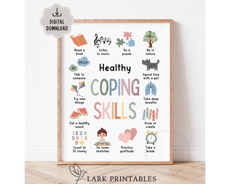 May include: A framed print with the words "Healthy Coping Skills" in colorful letters. The print features illustrations of various activities, including reading, listening to music, and spending time with a pet. The words "Digital Download" are at the top.
