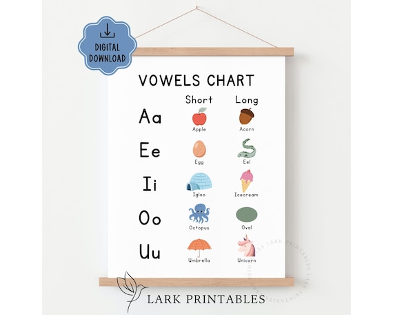 YIYEE 2 Affiches Voyelles Longues Et Courtes Anglais Pour Tout-Petits - Posters Éducatifs Muraux Apprentissage Anglais 16x23.6" Version Anglaise