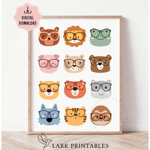 May include: A framed print featuring twelve cartoon animal faces wearing glasses. The animals include a bear, lion, frog, pig, bear, bear, fox, fox, bear, wolf, tiger, and sloth. The print has a light wood frame and the words "DIGITAL DOWNLOAD" are in the top left corner.