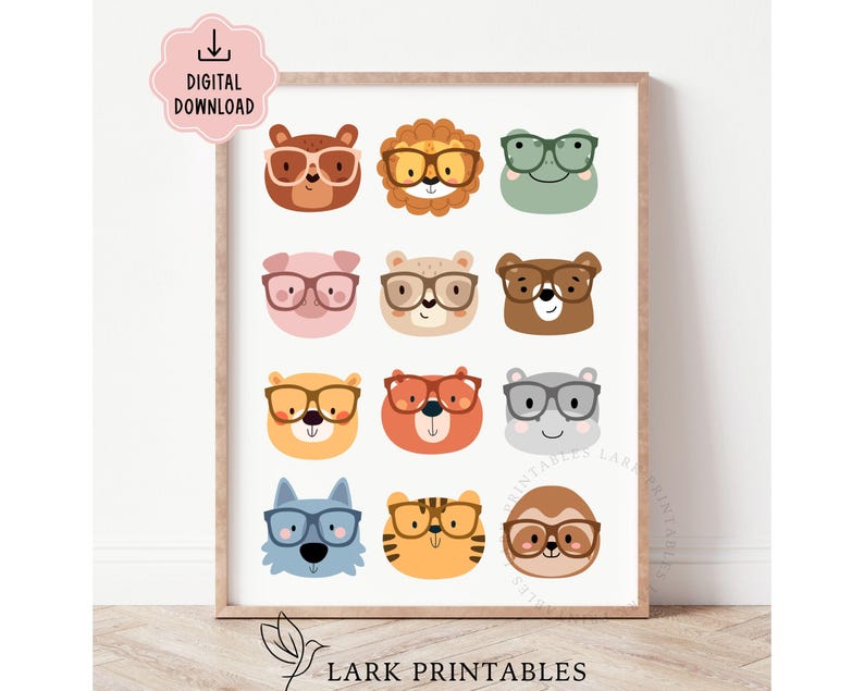 May include: A framed print featuring twelve cartoon animal faces wearing glasses. The animals include a bear, lion, frog, pig, bear, bear, fox, fox, bear, wolf, tiger, and sloth. The print has a light wood frame and the words "DIGITAL DOWNLOAD" are in the top left corner.