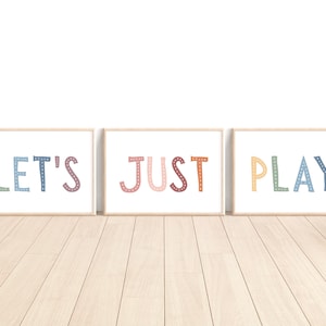 Set of 3 Playroom Prints, Playroom Sign Nursery Wall Art, Let&#39;s Play Sign, Playroom Wall Decor, Let&#39;s Just Play Printable, Pastel Playroom