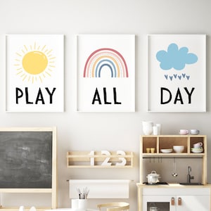 Play All Day Printable Set of 3, Lets Play Sign, Nursery Wall Art, Playroom Sign, Scandinavian Kids Wall Decor, Kids Pastel Playroom Decor