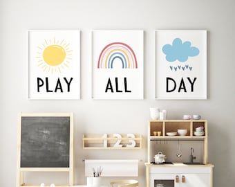 Play All Day Printable Set of 3, Lets Play Sign, Nursery Wall Art, Playroom Sign, Scandinavian Kids Wall Decor, Kids Pastel Playroom Decor