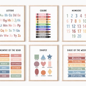 Set of 6 Educational Wall Art, Classroom Posters, Homeschool Printables, Educational Poster, Alphabet Poster, Kids Wall Art, Playroom Poster image 1