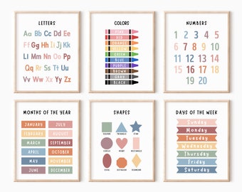 Juego de 6 carteles educativos para pared, carteles para el aula, imprimibles para la educación en el hogar, carteles educativos, carteles del alfabeto, arte mural para niños, carteles para la sala de juegos