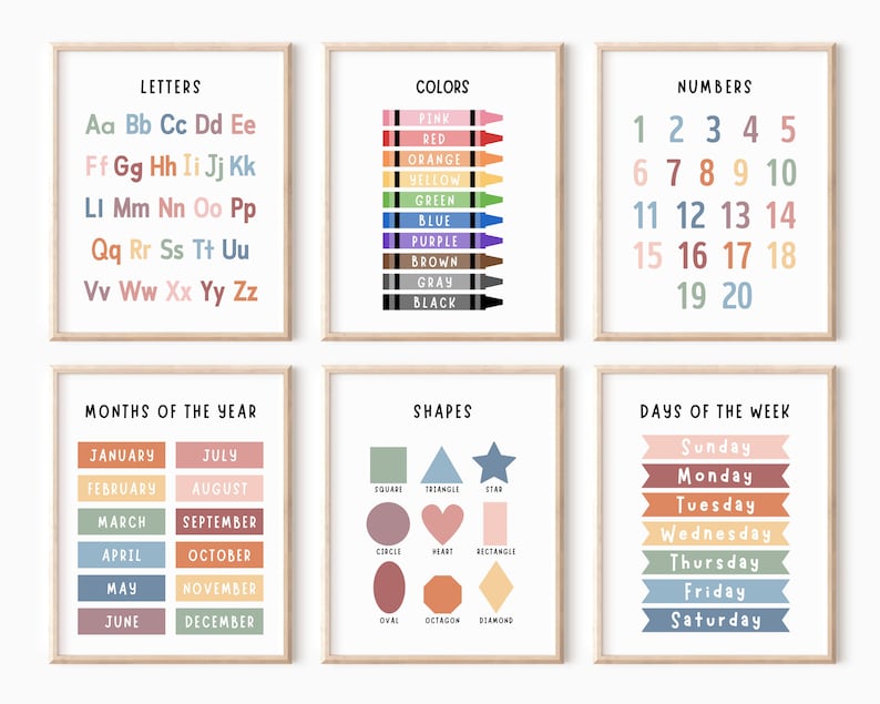 Set of 6 Educational Wall Art, Classroom Posters, Homeschool Printables, Educational Poster, Alphabet Poster, Kids Wall Art, Playroom Poster image 1