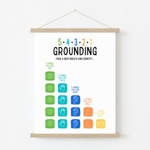 May include: A white poster with the text "5-4-3-2-1 Grounding" and the instruction "Take a deep breath and identify..."  The poster features five rows of icons representing the five senses: sight, touch, hearing, smell, and taste. Each row has a different color: green, blue, teal, orange, and yellow.