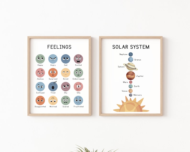 May include: Two framed prints, one titled "FEELINGS" with a chart of 16 different facial expressions and their corresponding emotions, and the other titled "SOLAR SYSTEM" with a diagram of the planets in our solar system.