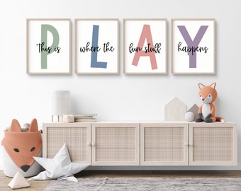 Aquí es donde suceden las cosas divertidas Set de impresiones de sala de juegos Decoración de pared de sala de juegos, arte de pared de guardería, letrero de juego, decoración de habitaciones para niños Let's Play Sign