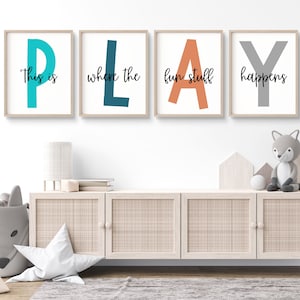 This Is Where The Fun Stuff Happens Set of Playroom Prints Playroom Wall Decor, Nursery Wall Art, Play Sign, Kids Room Decor Let's Play Sign