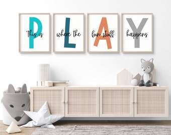 This Is Where The Fun Stuff Happens Set of Playroom Prints Playroom Wall Decor, Nursery Wall Art, Play Sign, Kids Room Decor Let's Play Sign