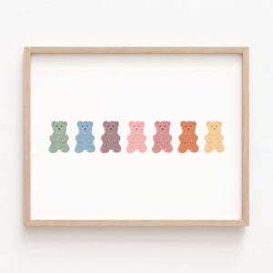 Bear Nursery Wall Art Prints, Gummy Bear Print, Cute Nursery Girl Wall Art, Neutral Nursery Print, Boho Pastel Rainbow Playroom Wall Decor image 1