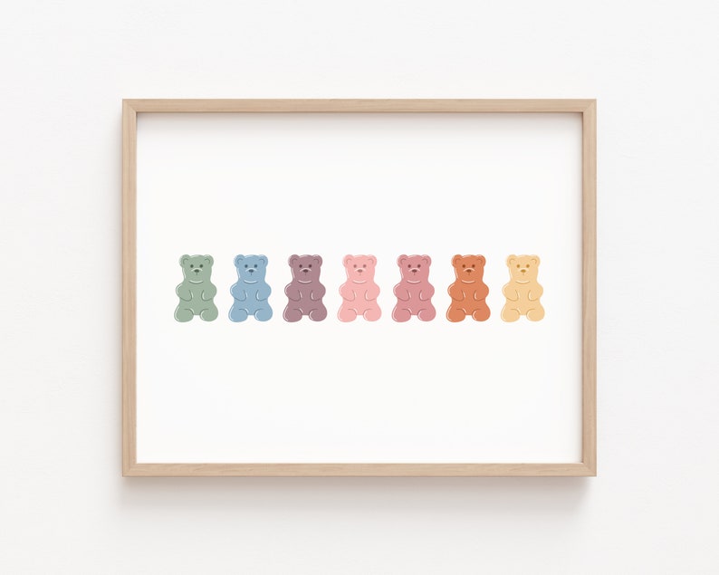 Bear Nursery Wall Art Prints, Gummy Bear Print, Cute Nursery Girl Wall Art, Neutral Nursery Print, Boho Pastel Rainbow Playroom Wall Decor image 1