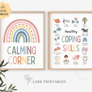 May include: Two framed prints. The left print features a rainbow design with the words "CALMING CORNER" in colorful letters. The right print lists "Healthy COPING SKILLS" with illustrations of coping strategies. The prints are digital downloads.