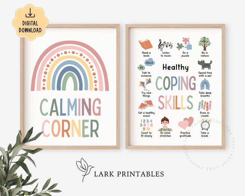 May include: Two framed prints. The left print features a rainbow design with the words "CALMING CORNER" in colorful letters. The right print lists "Healthy COPING SKILLS" with illustrations of coping strategies. The prints are digital downloads.