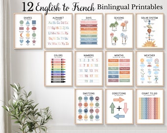 12 Bilingual French Educational Posters, Homeschool Printables, French Learning Posters, Bilingual Classroom, Learn French, Bilingual Prints