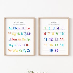 Rainbow Alphabet Poster, Handwriting Chart Print, Educational Wall Art Printable, Homeschool Classroom Decor, ABC Poster, Number Chart 123