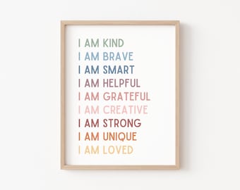 Kids Affirmation Poster, Boho Classroom Decor, I Am Affirmations, Playroom Wall Decor, Art Corner, Homeschool Decor, I Am Creative