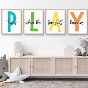 This Is Where The Fun Stuff Happens Set of Playroom Prints Playroom Wall Decor, Nursery Wall Art, Play Sign, Kids Room Decor Let&#39;s Play Sign
